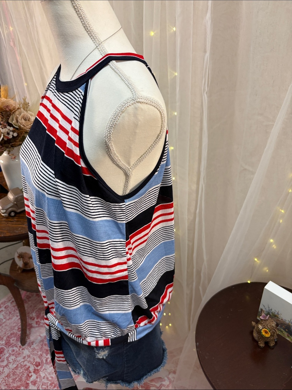 SJS Striped Halter Tie-Front Tank Top in Red, Blue & Black - Picture 4 of 7